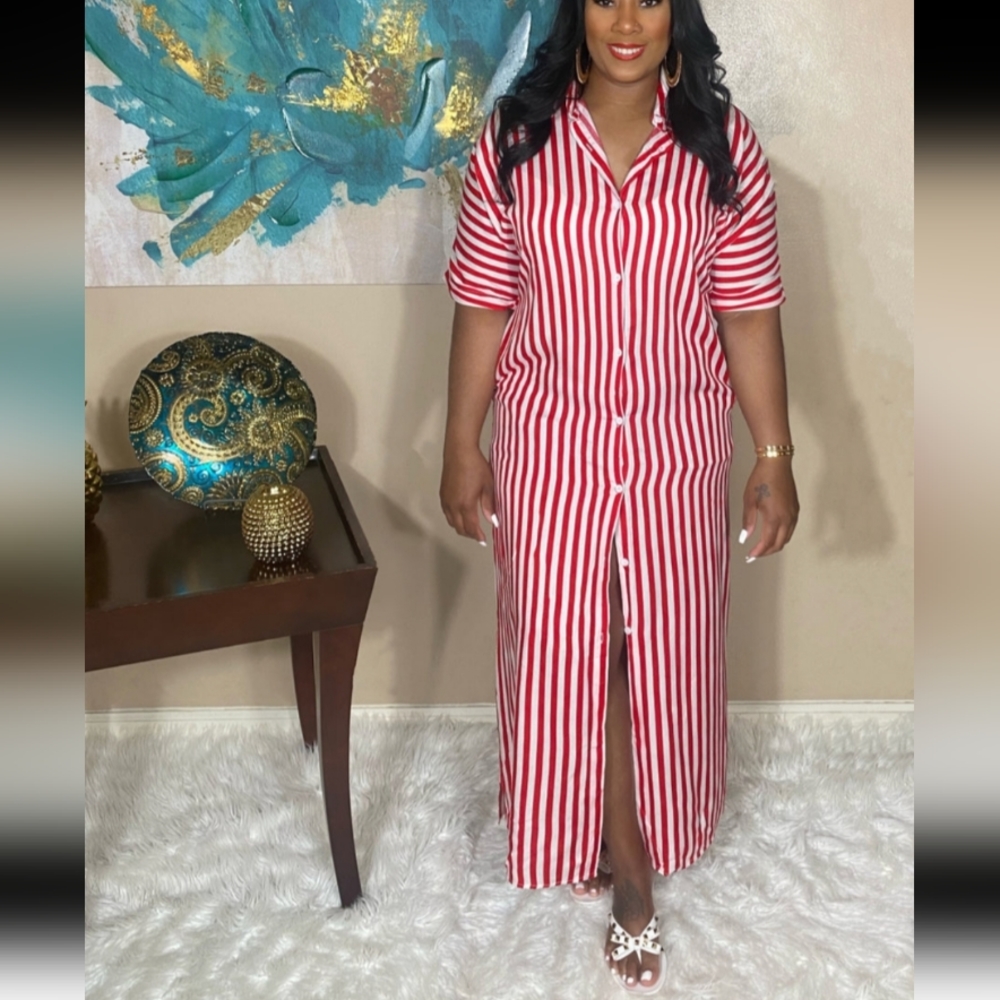 Red stripe button down maxi dress